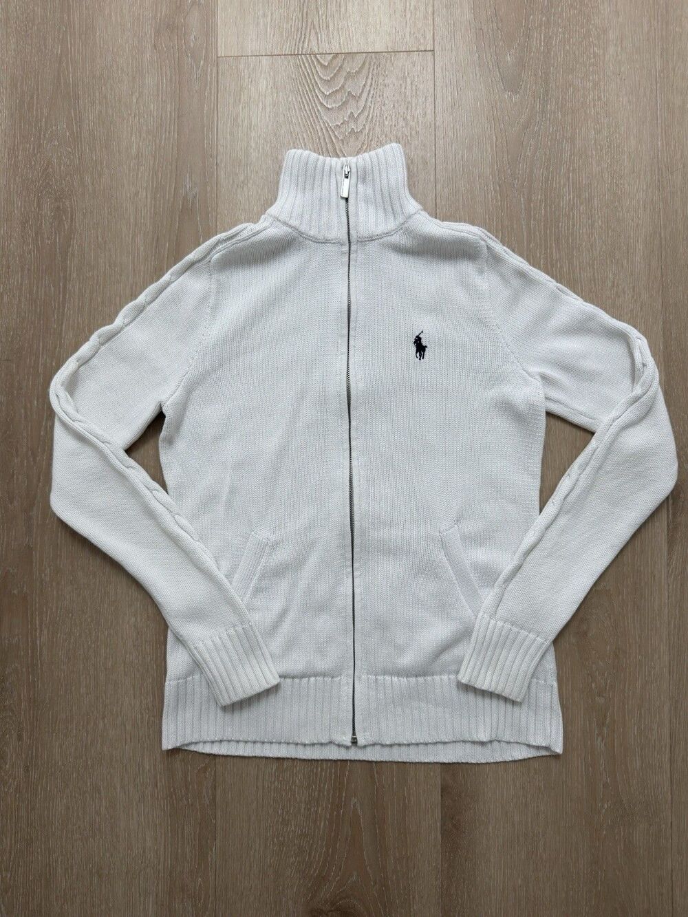 VTG Ralph Lauren Sport Zip Up Sweater S White Cotton Cable Sleeve Y2K Old Money